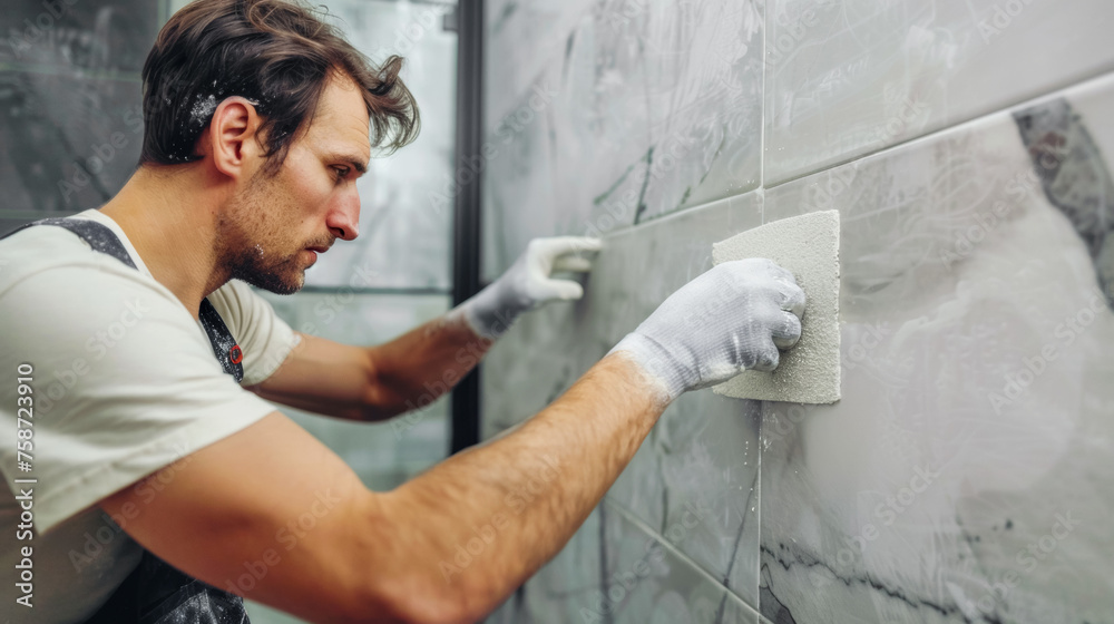 Obraz premium Repair and reconstruction of apartments, a specialist cleans the tiles from the remains of fugue and mortar, close-up, advertising concept for construction crews