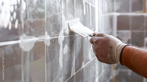A worker applies grout with a spatula to the seams between the tiles on the wall in the bathroom, repair and restoration of ceramic tiles in the apartment, close-up, repair and reconstruction concept