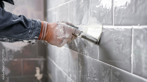 A specialist applies a fugue with a spatula to the seams between tiles on the wall, close-up, concept for advertising construction crews photo