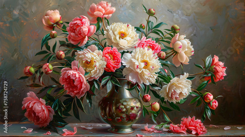Peonies flowers bouquet in a vase barouque style still © Natia