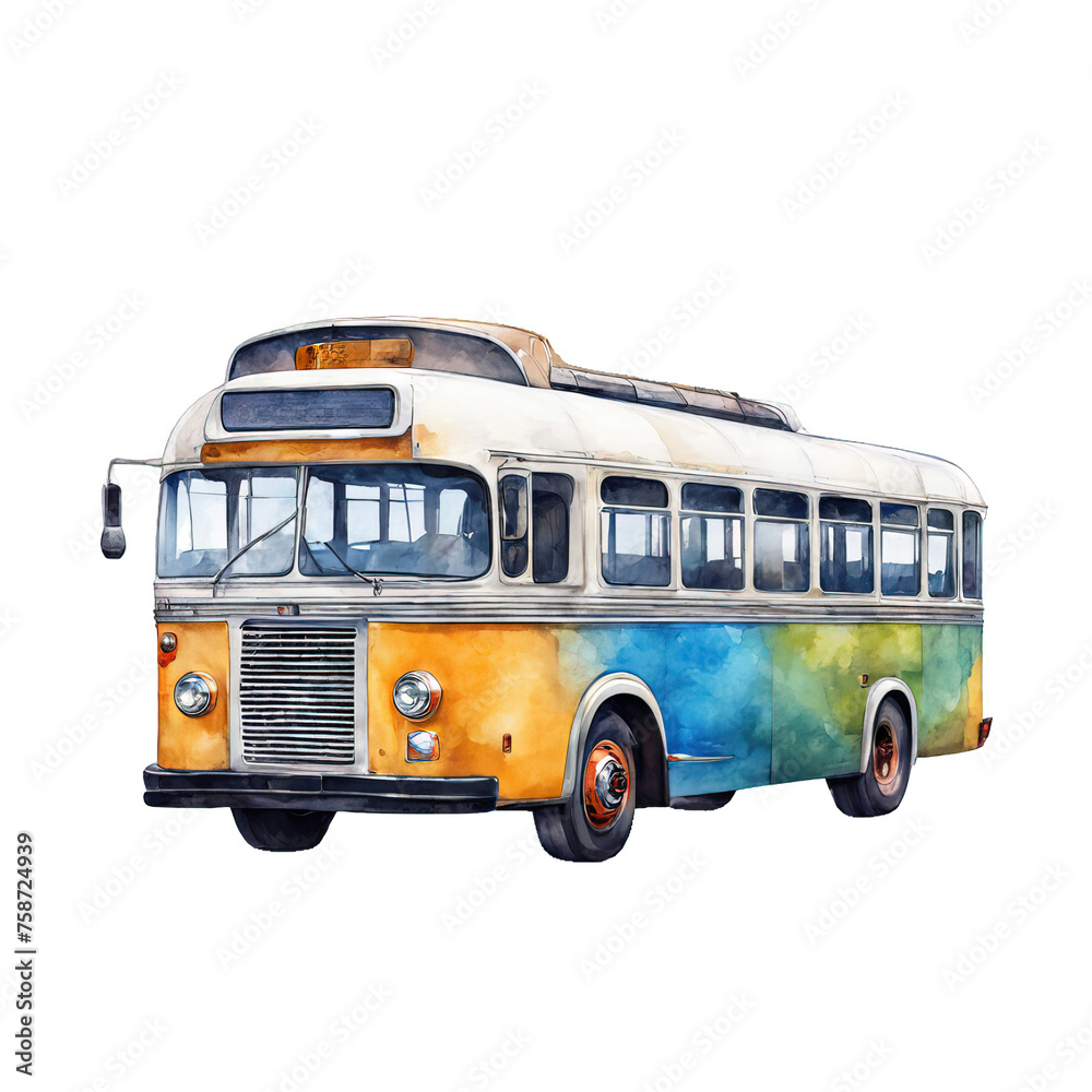 Bus watercolor illustration, transportation travelling vehicle vector illustration clipart, transport vehicle clipart, local city bus illustration, isolated on white background