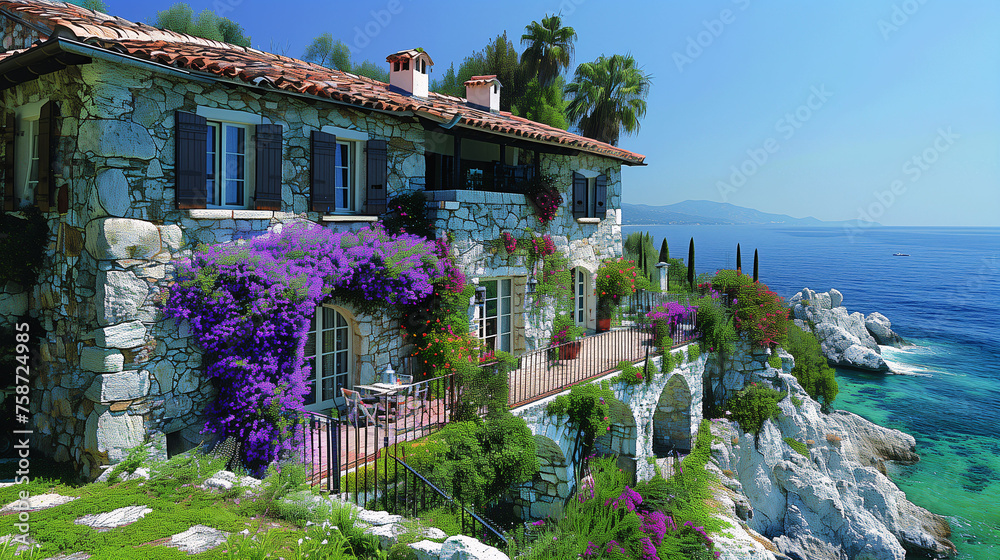 Idyllic coastal villa with blooming purple flowers and a sea view, under a clear blue sky.