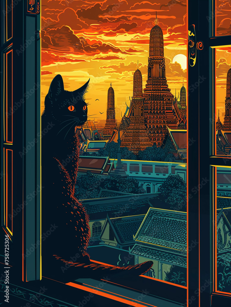 Obraz premium Sundown Sentinel Cat Overlooking the Temple