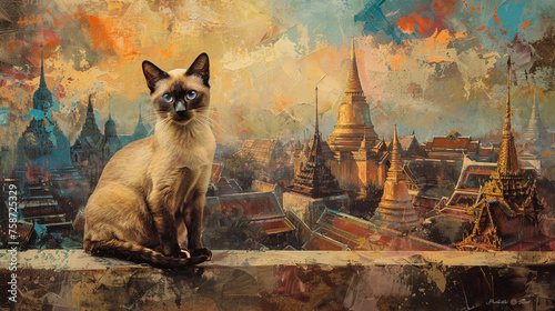 Siamese Stare Cat Against a Canvas of Culture