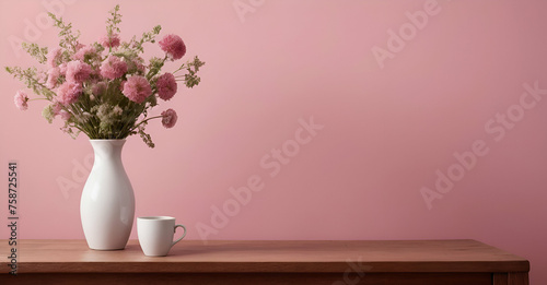 flowers in vase on pink background.