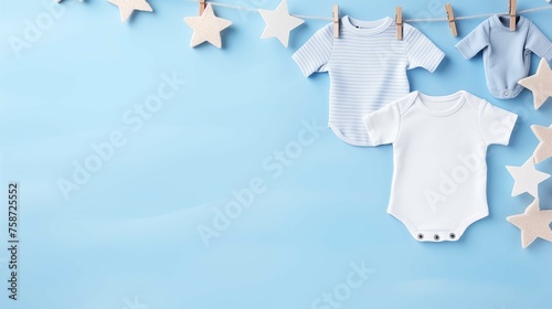 Pastel blue baby onesies hanging on line banner background copy space. Soft star ornaments image backdrop empty. Airy nursery vibes. Babyhood concept composition front view, copyspace photo