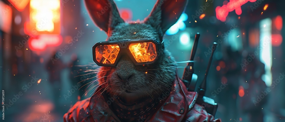 Dutch Rabbit Mafia A hightech rabbit mafia boss in a neonlit room fire reflecting in his ...