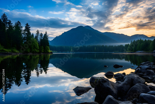 Sunset Reflections: A Serene Lake Amidst Lush Greenery and Distant Mountains - Nature Stock Photo © John
