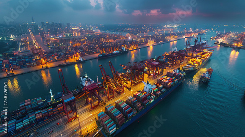 Busy Seaport Activity at Dusk with Colorful Cargo Ships