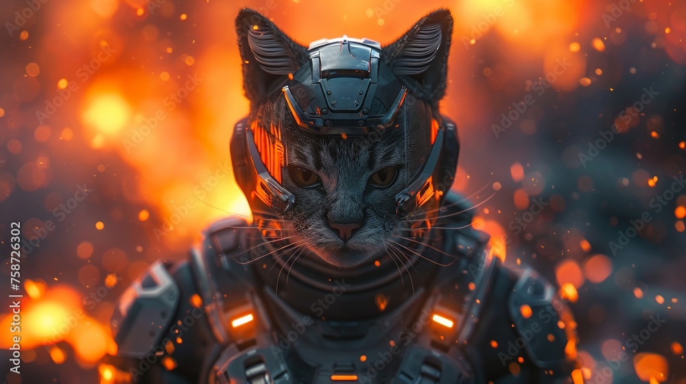Closeup of a scifi soldier with a cybernetic cat ally amidst flames Closeup of a scifi soldier with a cybernetic cat ally amidst flames