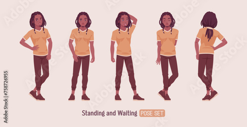 Young long dreadlocks man standing, waiting pose, male adult black skin boy, dark brown tone colouring guy in urban wear, ethnic hairstyle, Africa-centered culture and lifestyle. Vector illustration