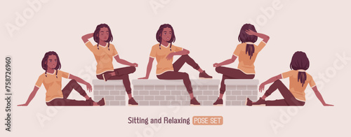 Young long dreadlocks man sit, relax pose, male adult black skin boy, dark brown tone colouring guy in urban wear, cute ethnic hairstyle, Africa-centered culture and lifestyle. Vector illustration