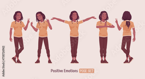 Young long dreadlocks man positive emotion pose, male adult black skin boy, dark brown tone colouring guy, urban wear, cute ethnic hairstyle, Africa-centered culture and lifestyle. Vector illustration