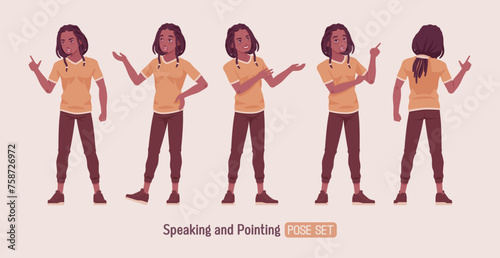 Young long dreadlocks man speak, point pose, male adult black skin boy, dark brown tone colouring guy, urban wear, cute ethnic hairstyle, Africa-centered culture and lifestyle. Vector illustration