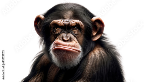 An adult chimpanzee with a disgusted expression frown, in clean white background. Angry chimpanzee with a Furrowed Brow photo