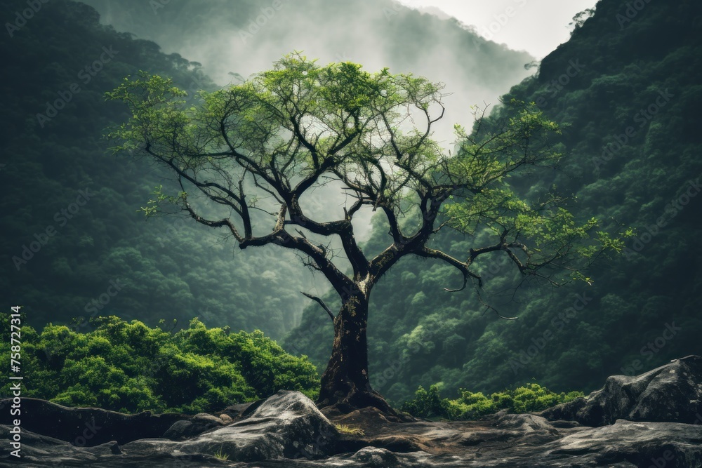 Isolated tree on rocky terrain in lush forest Isolated tree on rocky terrain in lush forest