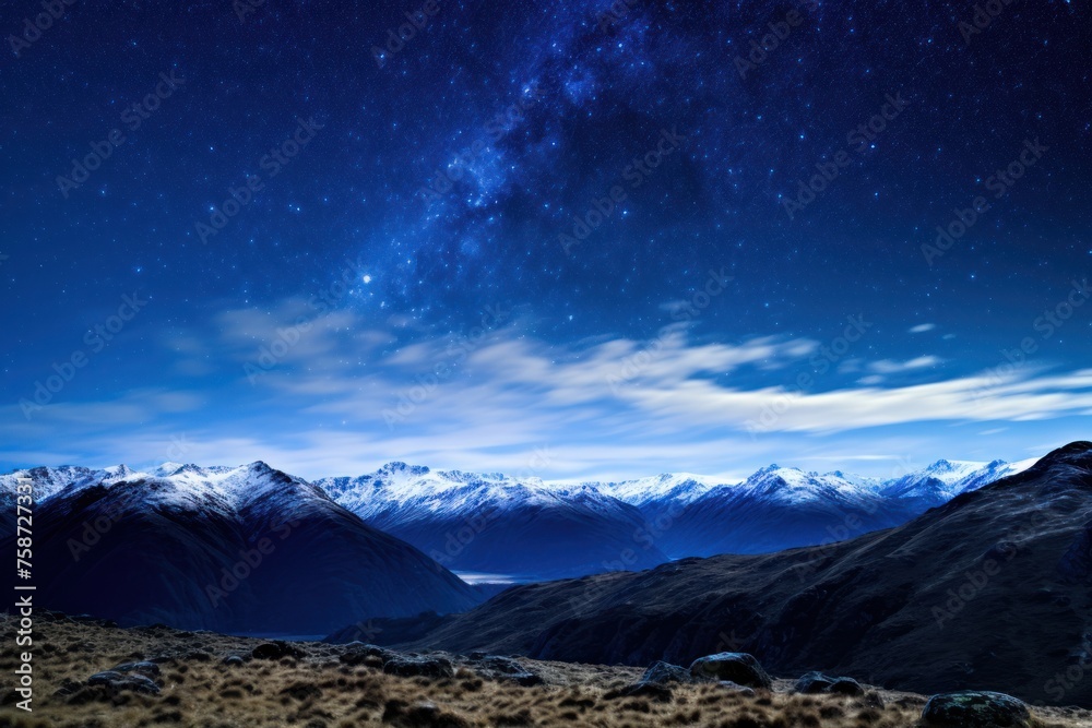 Starry night sky over snowy mountain peaks with Milky Way