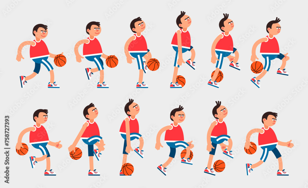 Basketball player in various stages of walking and dribbling the basketball in athletic attire. Sequence of Vector illustrations for animation.