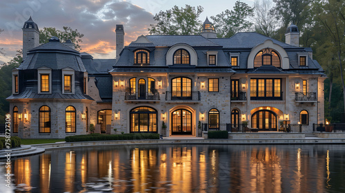 Luxurious mansion by the lake at dusk with illuminated windows and tranquil water.