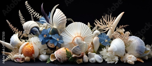 Decorative sea-themed arrangement with seashells on dark blue fabric.