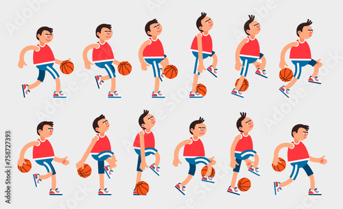 Basketball player in various stages of walking and dribbling the basketball in athletic attire. Sequence of Vector illustrations for animation.