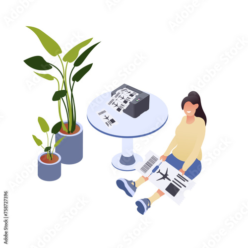 Booking, buying and print air flight tickets, trip. Holiday travel online. Airline boarding pass, documents, plane checkin. Vector illustration isolated on white background