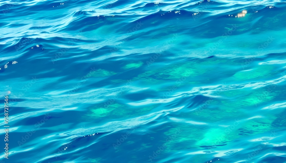 Blue green surface of the ocean with gentle ripples on the surface and light refracting