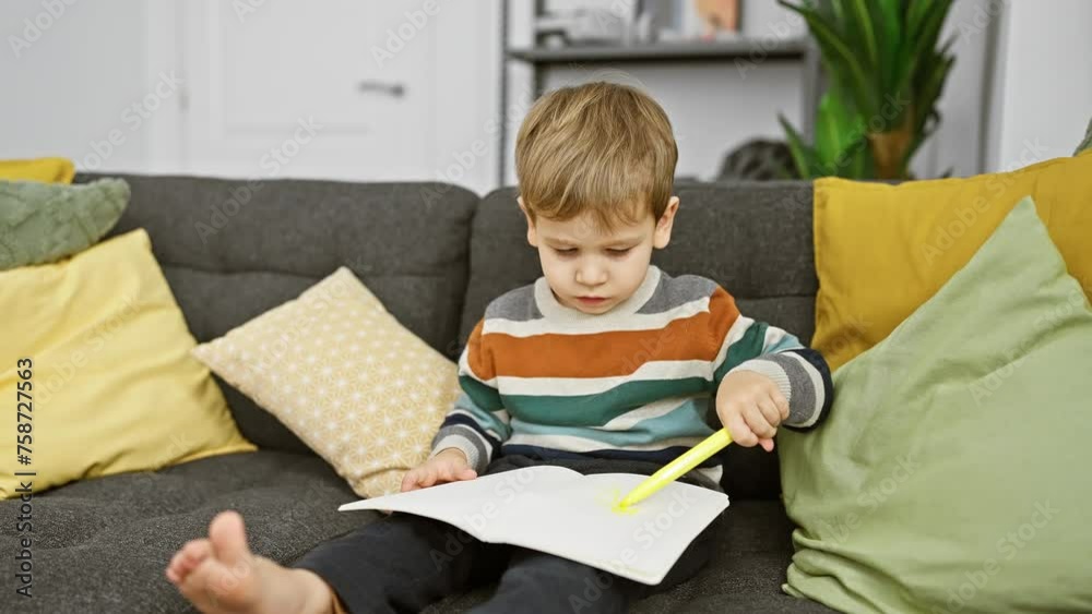 A concentrated toddler boy drawing with a yellow crayon in a cozy living room setting, seated on a grey couch with colorful pillows. A concentrated toddler boy drawing with a yellow crayon in a cozy living room setting, seated on a grey couch with colorful pillows.