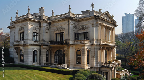 Elegant historic mansion with ornate architecture, surrounded by manicured lawns and autumn trees, contrasting with a modern skyscraper in the background.