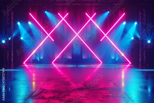 A big stage with neon lights and light beams on the backdrop wall background