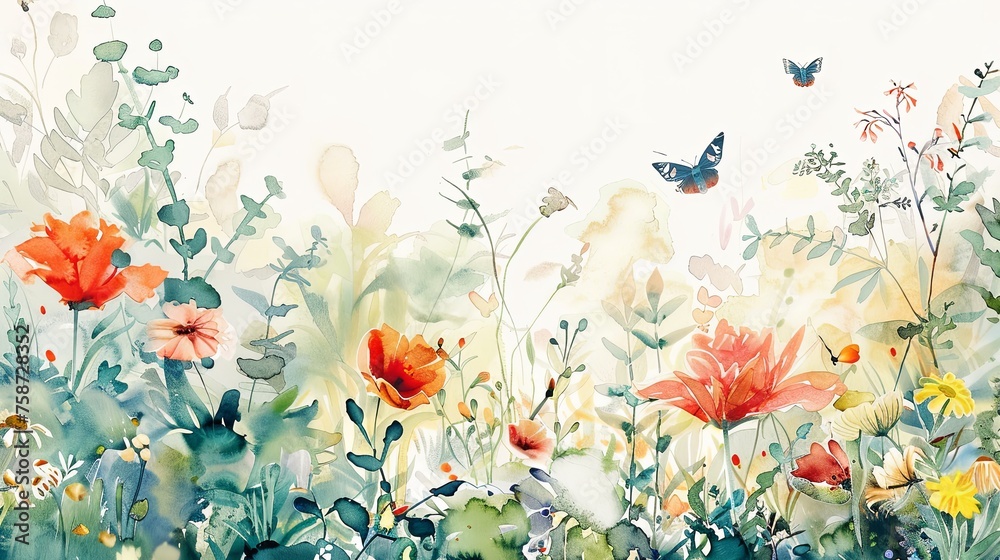 A delicate watercolor painting depicting a lush field of wildflowers in full bloom with butterflies fluttering around, evoking a sense of spring.

