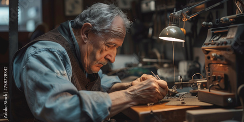 Goldschmied sitzt in seiner Werkstatt und bearbeitet ein Schmuckstück