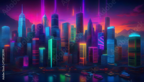 A digitally rendered illustration of a futuristic cityscape with neon lights and holographic projections