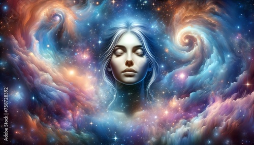 Stellar Meditation. Woman in Deep Meditation Among the Stars