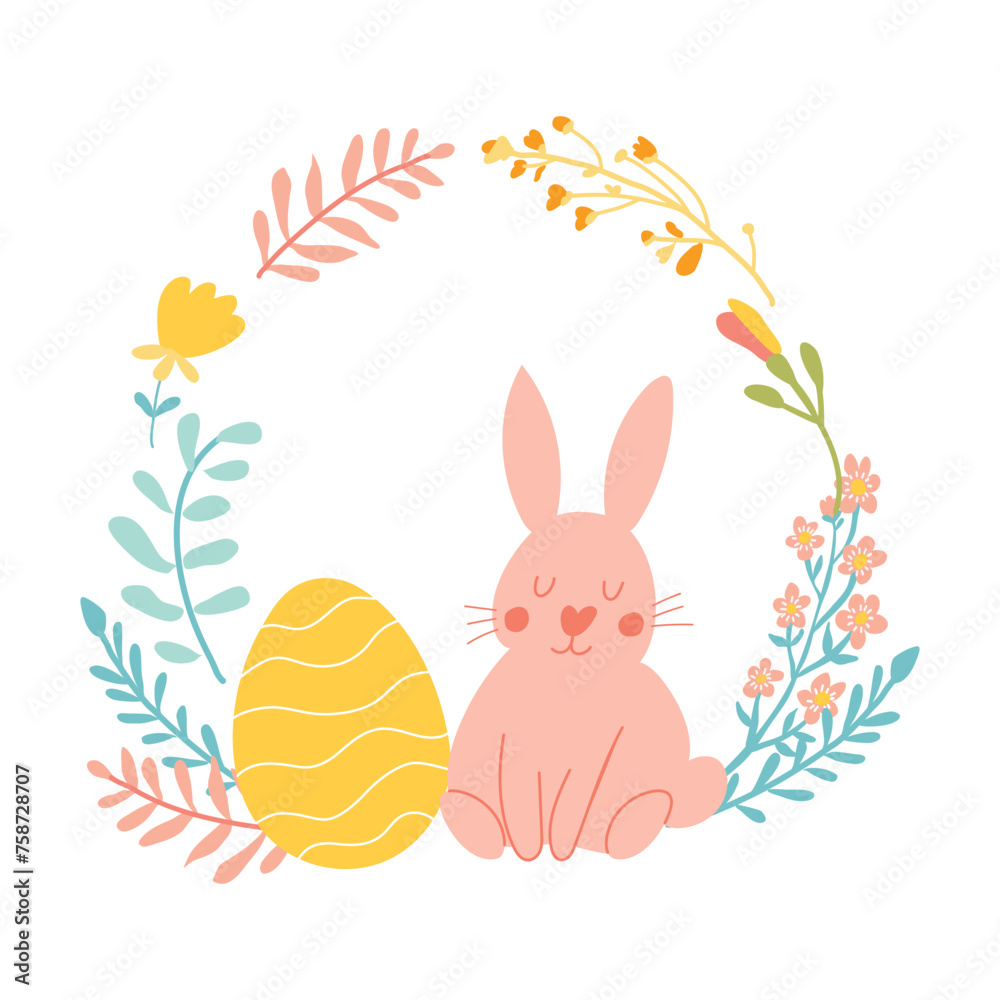 Easter card with cute bunny, egg and flowers wreath.