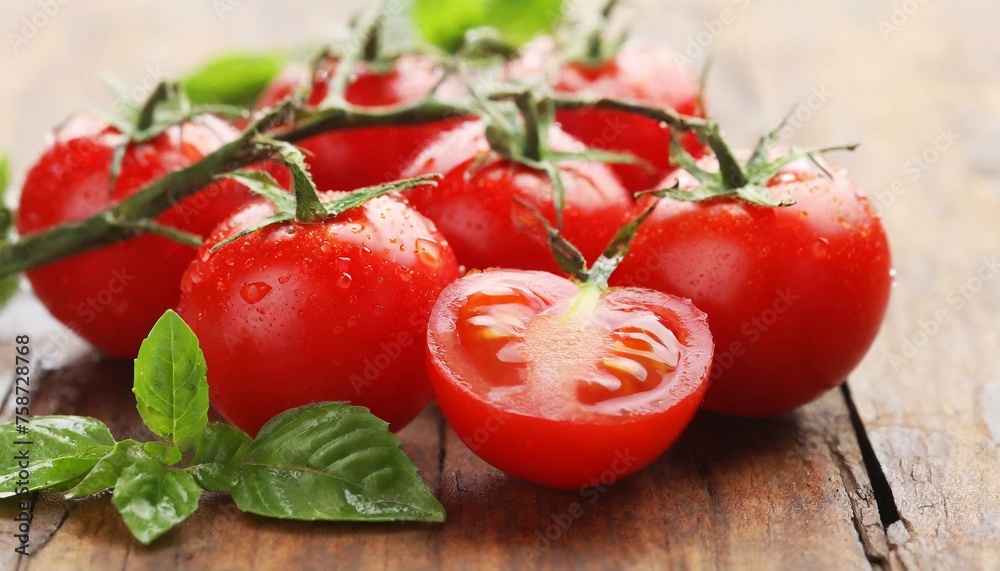 Board with fresh cherry tomatoes on green wooden background Board with fresh cherry tomatoes on green wooden background