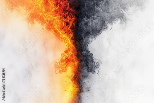 A fire is depicted in the center of the image, with smoke and ash surrounding it