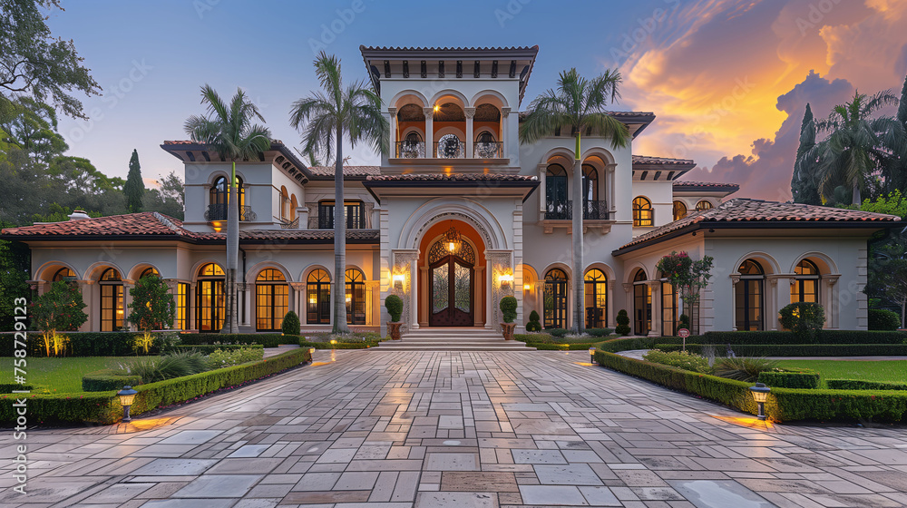 Luxurious mansion exterior at twilight with illuminated landscaping and a dramatic sky.