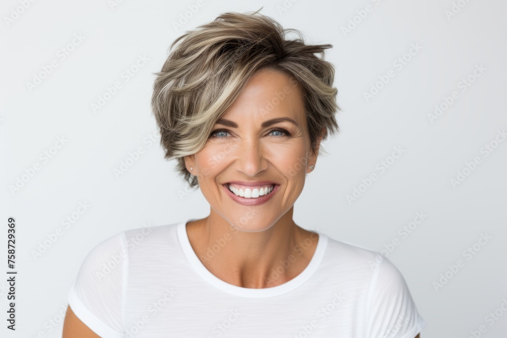 Portrait of beautiful smiling middle aged woman with short hairstyle. Portrait of beautiful smiling middle aged woman with short hairstyle.