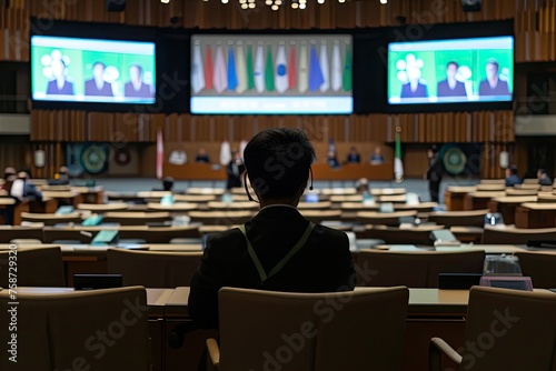 A man is sitting in a chair in front of a large screen with a man on the screen
