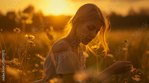 A young woman walks in a meadow during the golden hour, natural light, ai generative