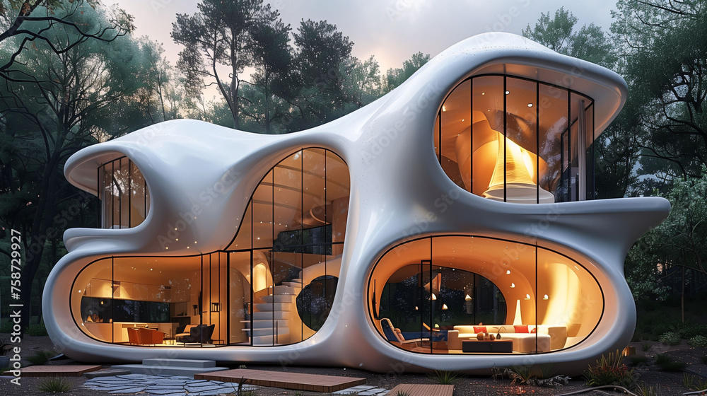 Fototapeta premium Modern futuristic house with organic design, large windows, and forest background at dusk.
