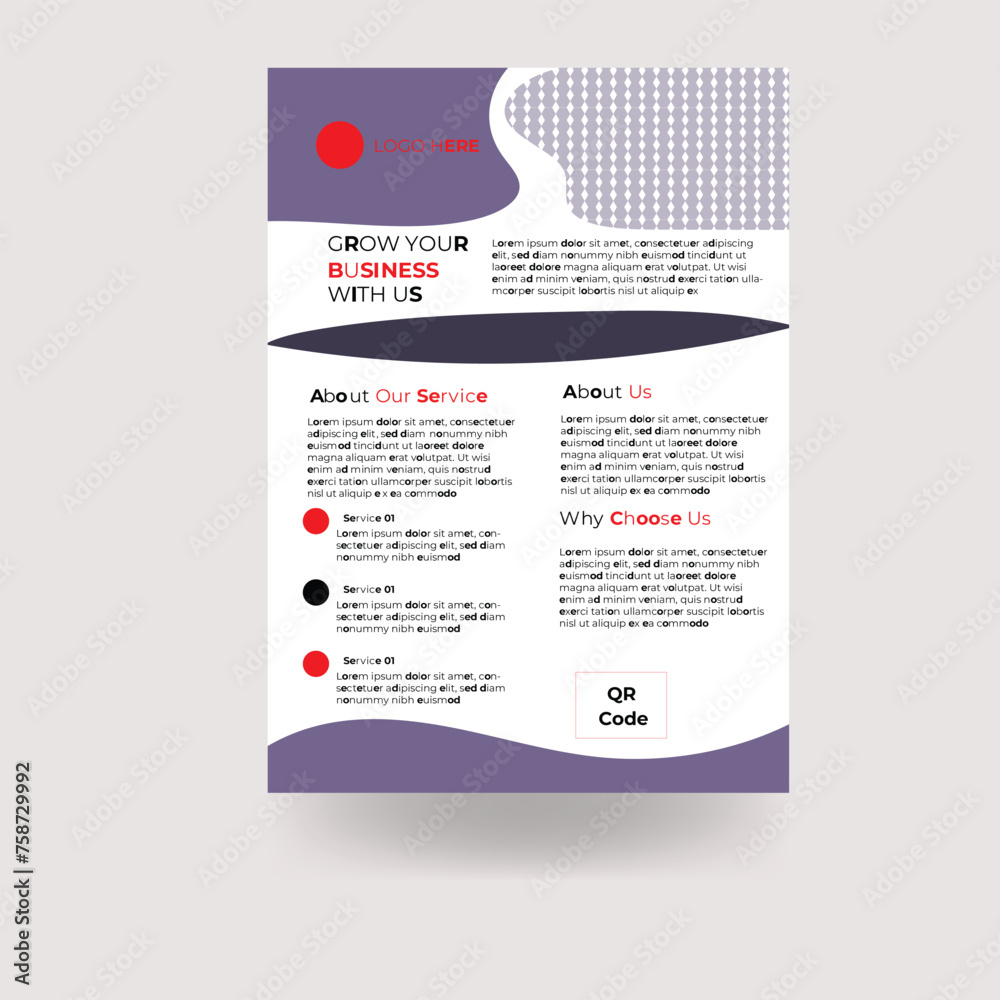 Fototapeta premium Creative corporate modern flyer design template with brinjal and white color with mock up