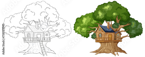 Vector illustration of a treehouse, colored and line art