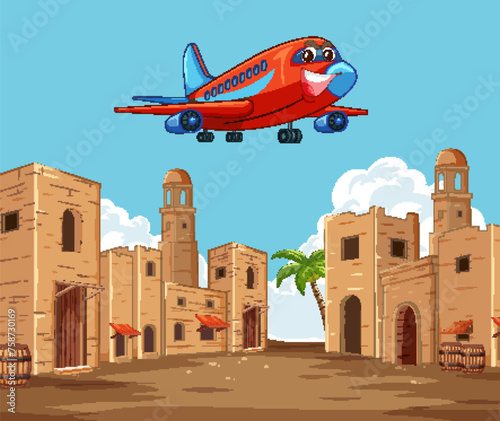 Cartoon airplane flying above old desert buildings