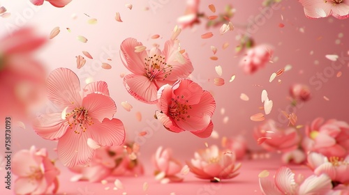 Fresh quince blossom, beautiful pink flowers falling in the air isolated on pink background. Zero gravity or levitation, spring flowers conception, high resolution image, generative ai.