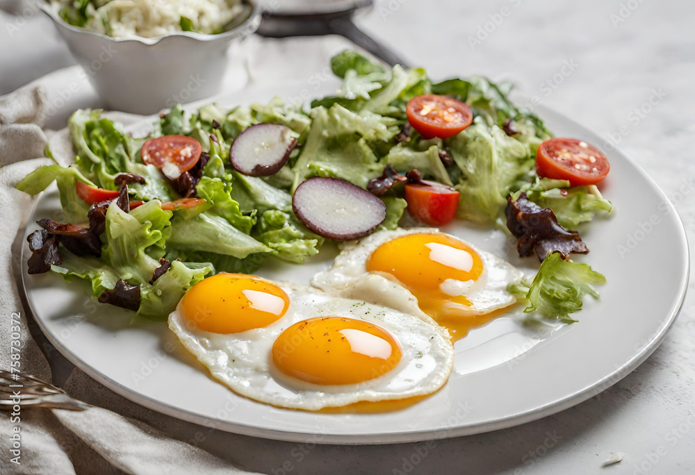 Fried eggs on a plate with salad