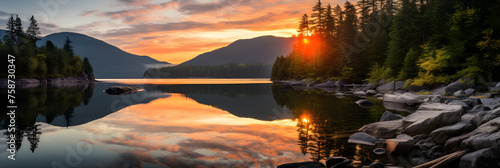 Sunset Reflections: A Serene Lake Amidst Lush Greenery and Distant Mountains - Nature Stock Photo photo