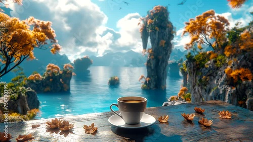 Warm coffee on the table with a wonderful view of nature. seamless looping 4k time-lapse video background