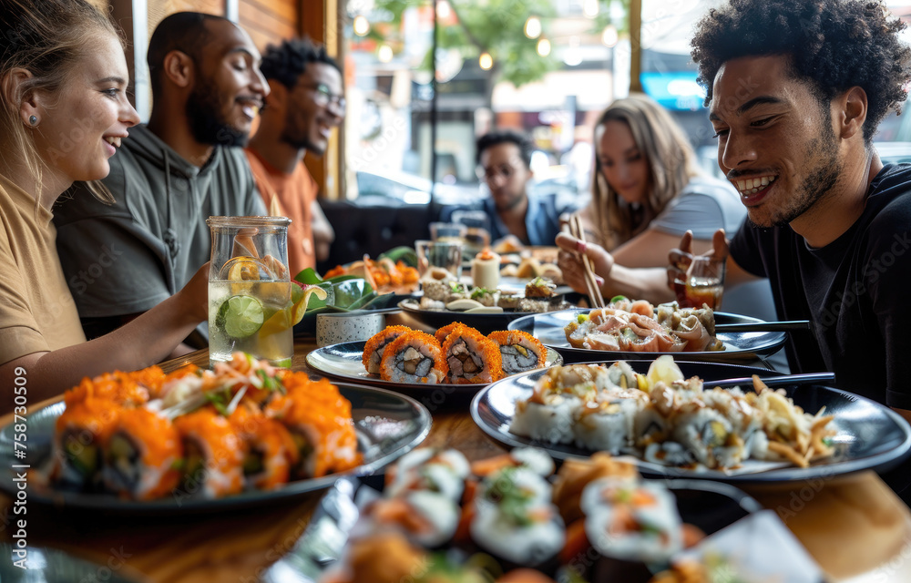 A diverse group of friends having lunch together at an urban restaurant, sharing food and conversation over dishes like sushi or pasta, showcasing the joyous nature of social eating experiences in cit